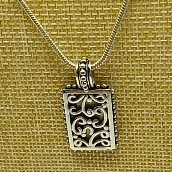 Mother of Pearl Encased in Openwork Scrolled Rectangular Pendant Necklace 18-21" - Picture 4 of 10